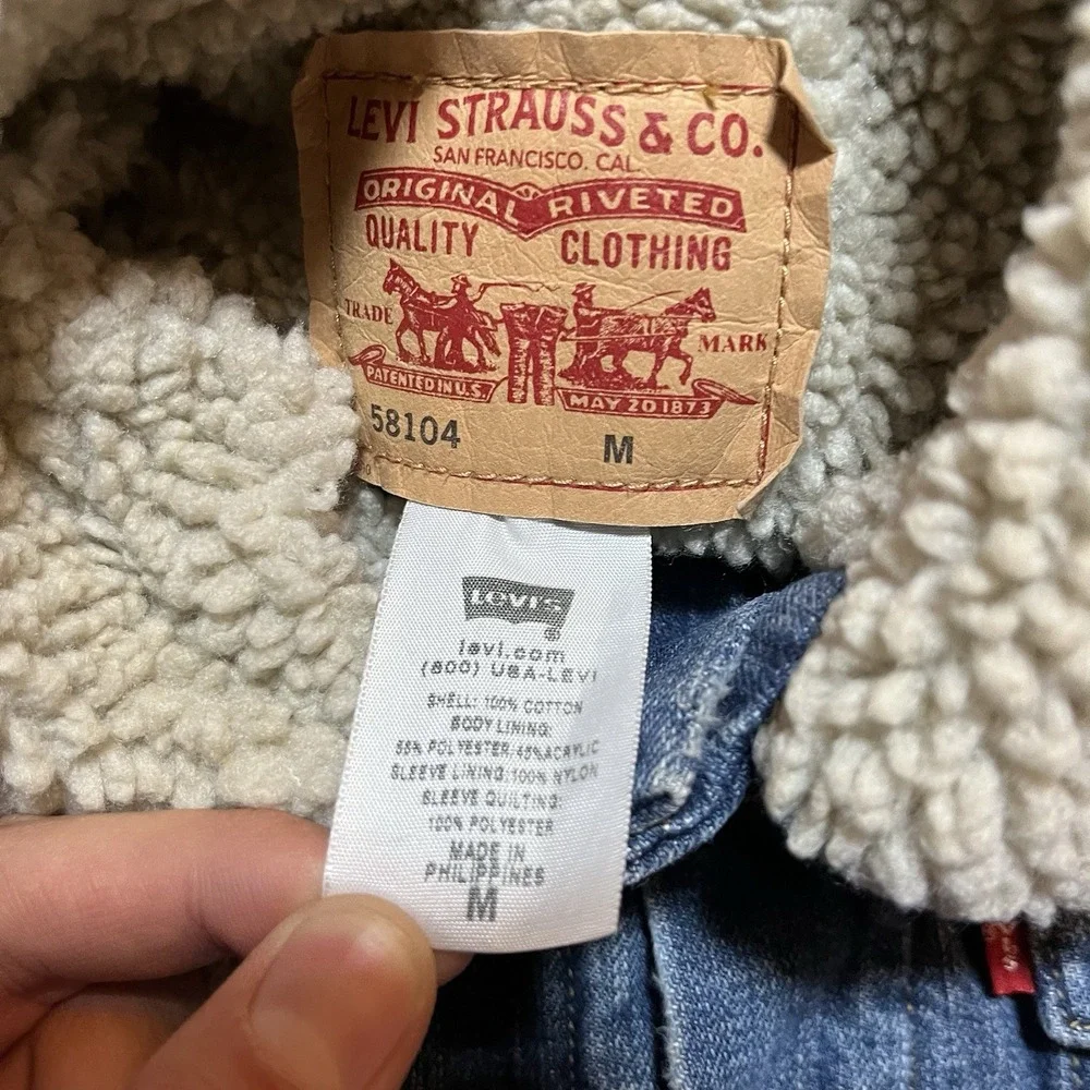Levis Trucker Jacket Mens Medium Blue Jean Coat 58104 Sherpa DISTRESSED Y2K Era